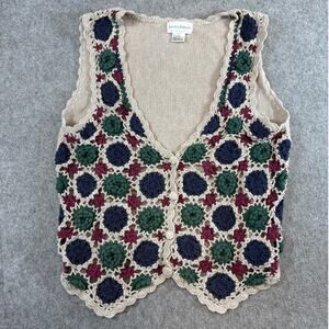 VTG 90s Jessica Roberts Sweater Vest Womens M Green Brown Crochet Boho Granny